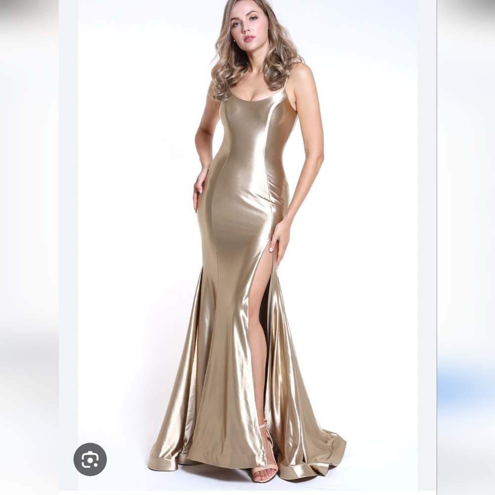 Ava Presley Style #35731, Brushed Gold Mermaid Gown With Cutout Back & Train - Picture 4 of 17